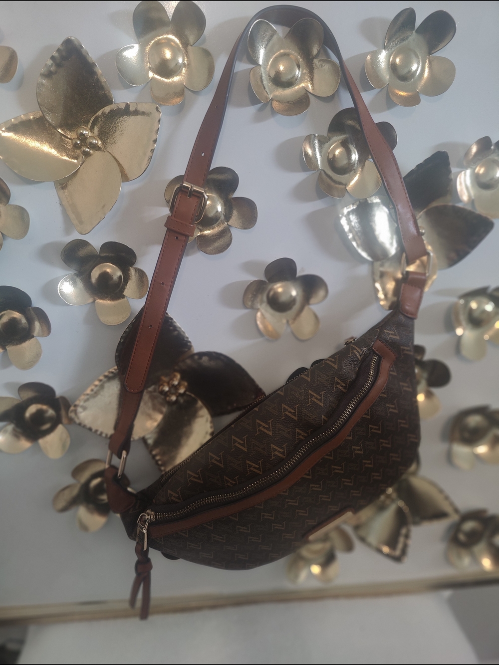 Adrienne Vitadini Brown Monogram Crossbody Sling Bag